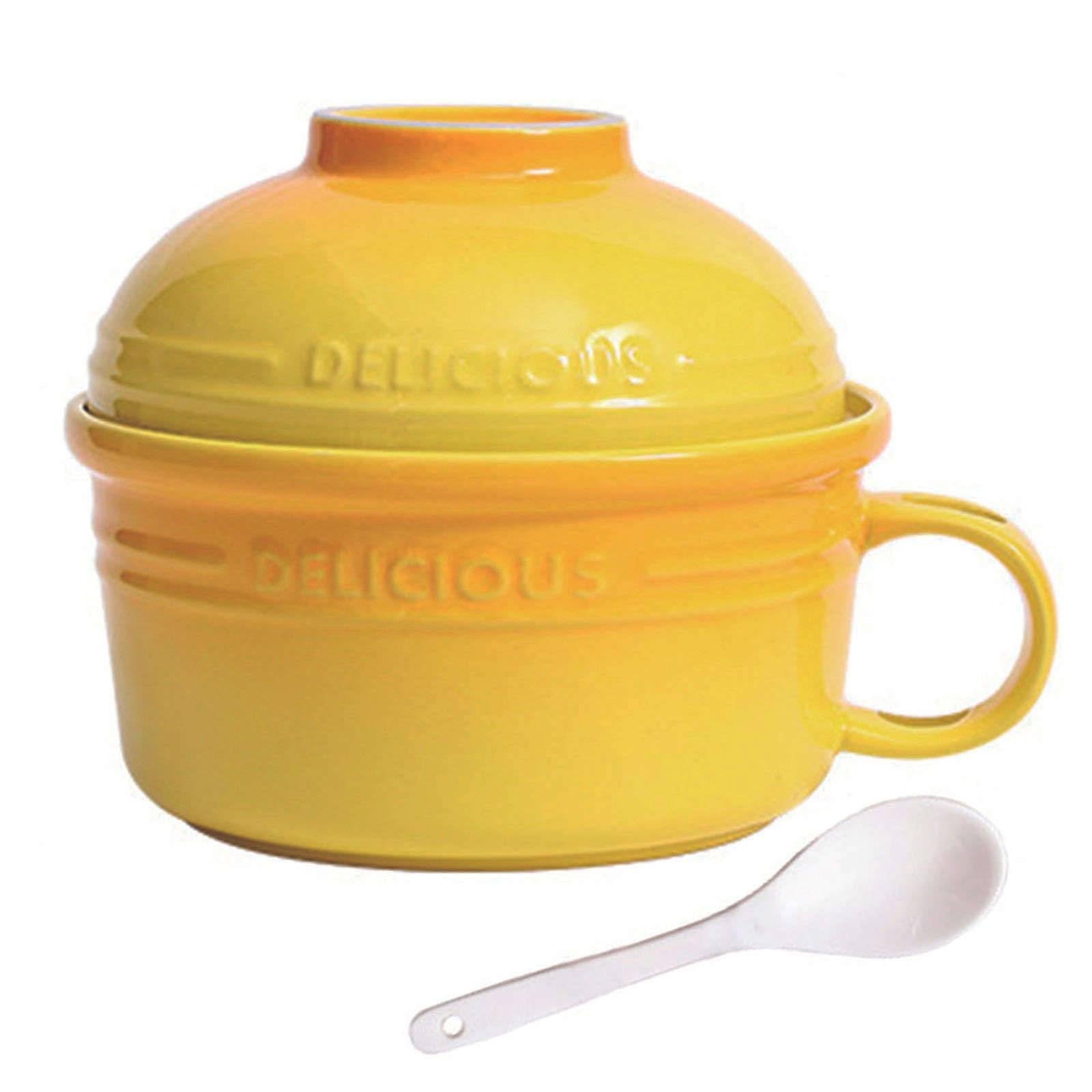 Keramik-Nudelschüssel, Keramik-Instant-Nudelschüssel, 550 ml, japanische Suppenschüssel aus Porzellan mit Deckel und Griff(Yellow)
