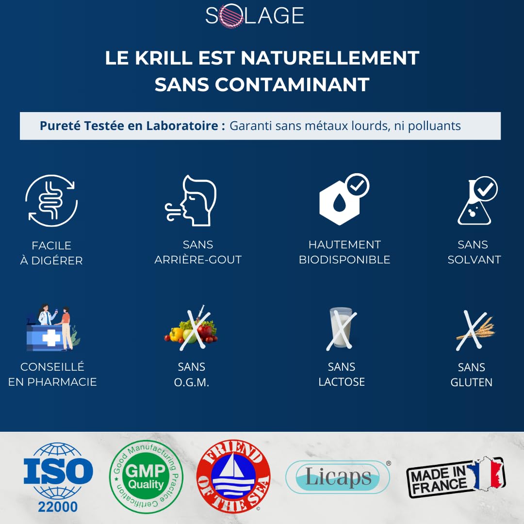 OMEGA-3 100% Huile de KRILL pure - Plus efficace que l’Huile de Poissons - 60 Capsules Licaps Sans Odeur SOLAKRILL- EPA DHA Astaxanthine Choline Vitamine A B – Fabriquée en France -Laboratoires SOLAGE