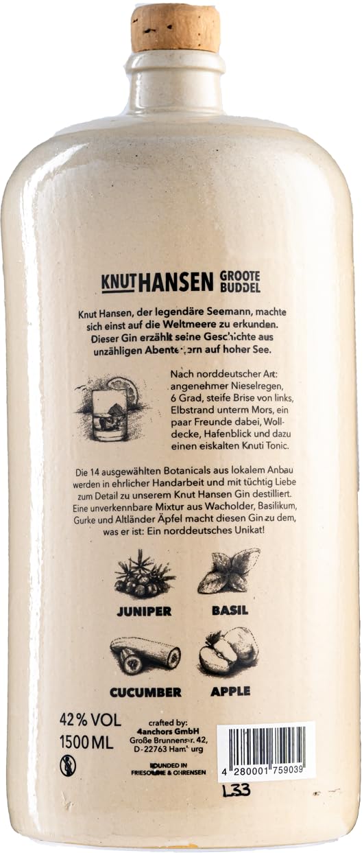 KNUT HANSEN DRY GIN | Weltweit ausgezeichnet | 14 regionale Zutaten wie Wachholder, Gurke, Basilikum | Abgefüllt in nachhaltiger Keramikflasche | 1,5L