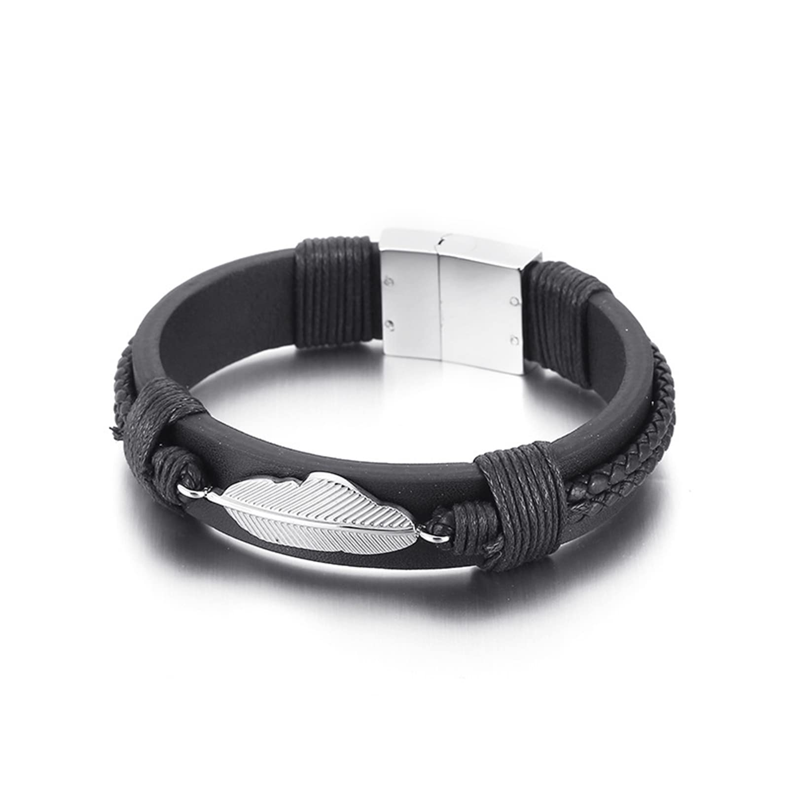Bracelet Manchette Homme, Petit Bracelet Le Noir Acier Inoxydable Cuir Tressage de Panier Feuille Noël Cadeau Bijoux Homme 21cmx15mm