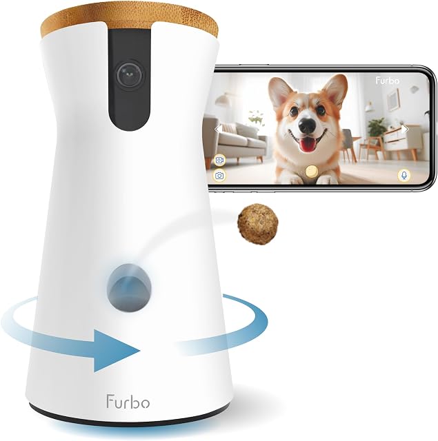 Furbo 360° Appareil photo pour chien: Basic See, Talk & Caractéristiques, Non AI Alertes, aucun abonnement requis, Cam de sécurité pour animaux avec/Barking Alertes , vue rotative , traiter Toss 2-Way Audio, surveillance des chiots maison intelligents.