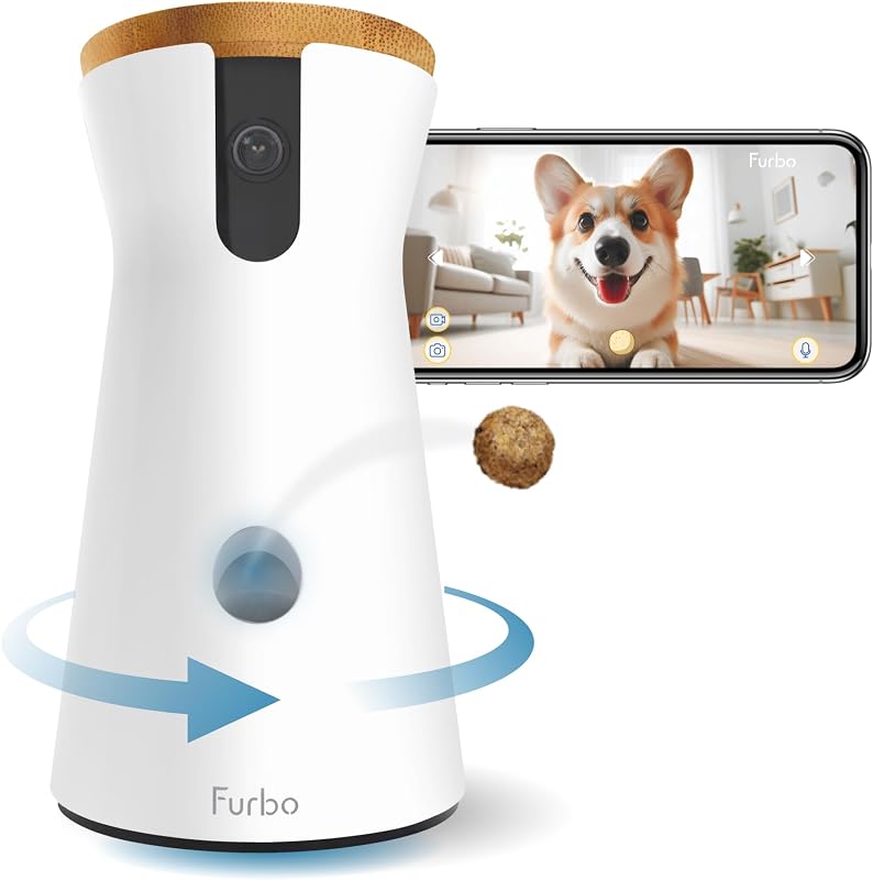 Cámara para perros de 360° [sin tarifa mensual] | Vista en vivo giratoria de 360°, alertas de ladridos, lanzamiento de golosinas, audio bidireccional, visión nocturna, monitoreo inteligente de cachorros en el hogar, sin alertas de IA