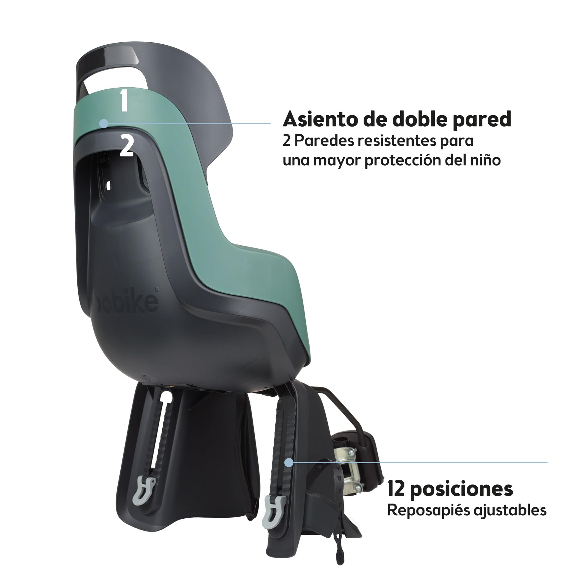 BOBIKE 8012400008 - Silla Bicicleta Trasera GO Maxi Anclaje en Cuadro – Segura, Elegante y Ajustable para niños de 9 Meses a 6 años, hasta 22 kg, Menta