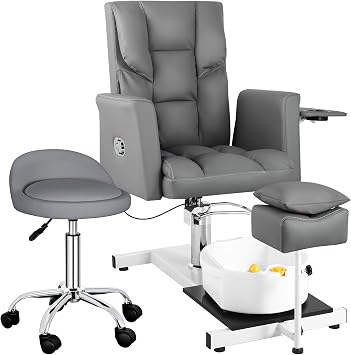 Pedicure Chair with Stool & Bubble Massage Foot Bath, Hydraulic Pedicure Chair for Nail Tech, No Plumbing, 360 Rotation for Beauty Spa Salon Unit Station Grey