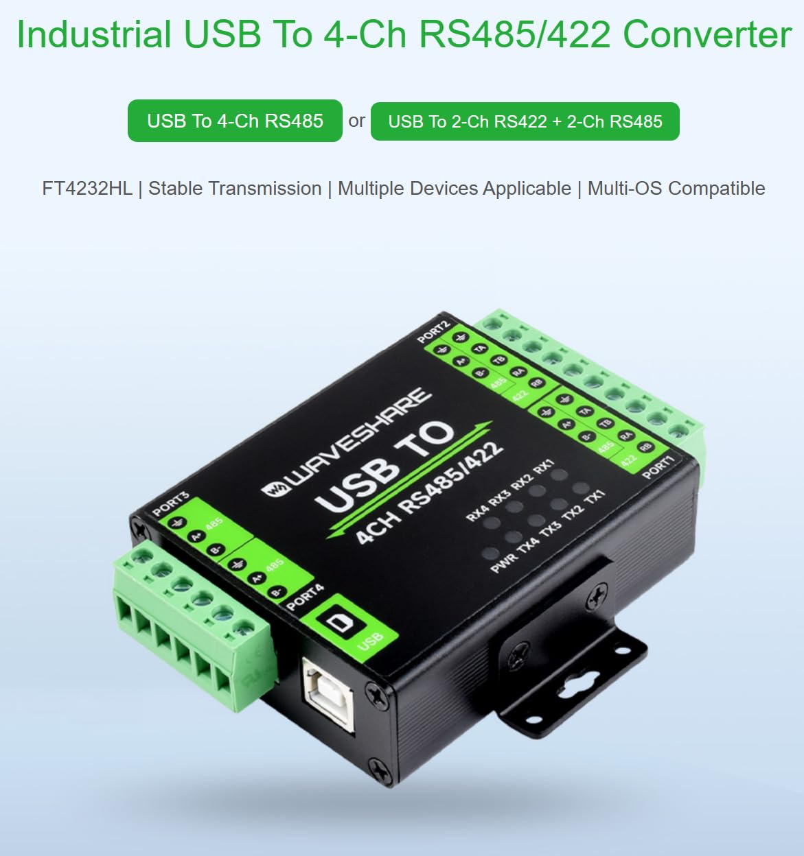 TUOPUONE Przemysłowy izolowany konwerter USB na RS485/422 oryginalny chip FT4232HL obsługuje USB na 2-Ch RS485 + 2-Ch RS485/422 wspornik do montażu na ścianie