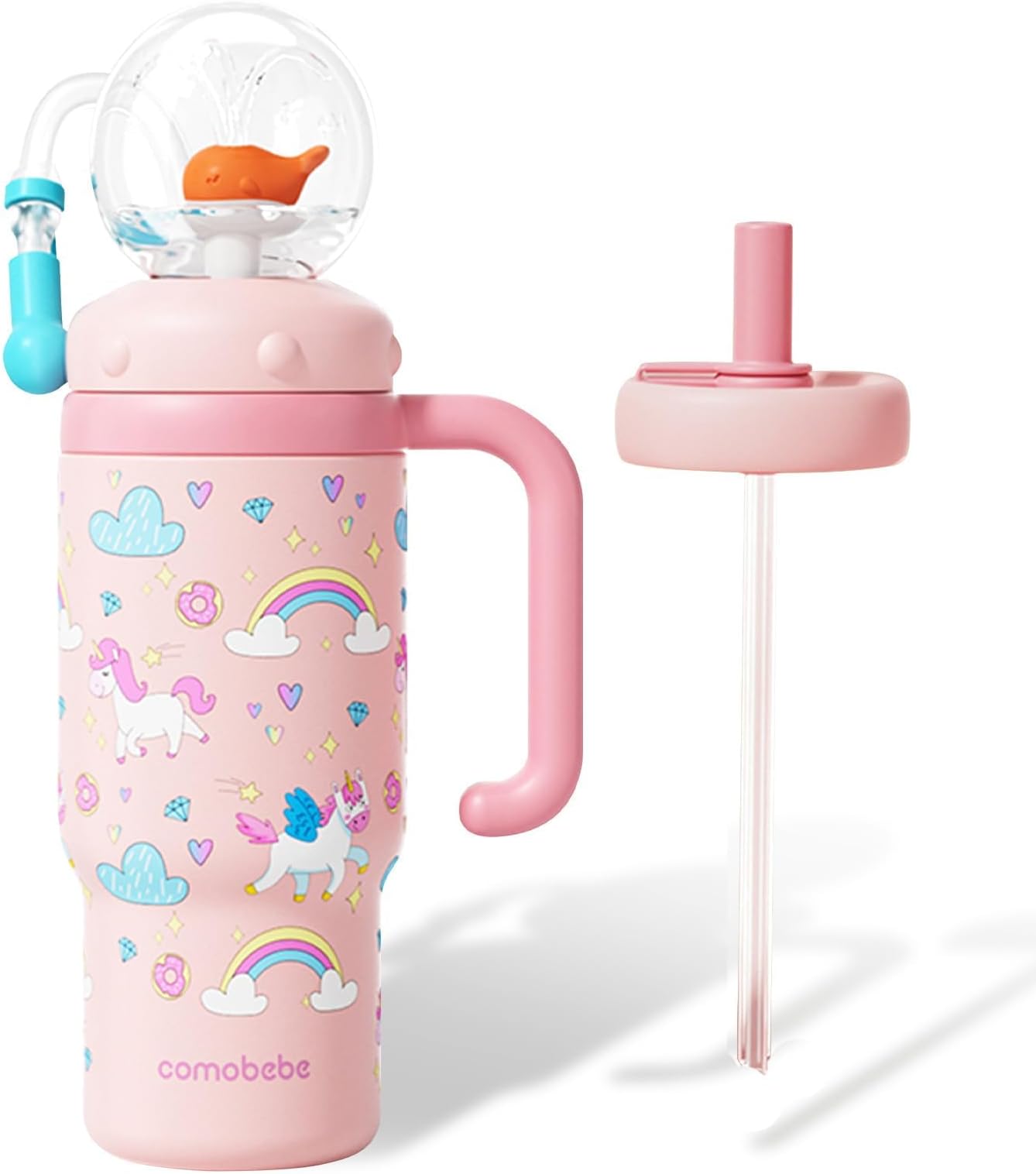 24oz Stainless Steel Whale Fountain Tumbler with Handle, Whale Water Fountain Tumblers, Drinking Cup with Whale Squirt, Leak-Proof Dishwasher Safe (E)