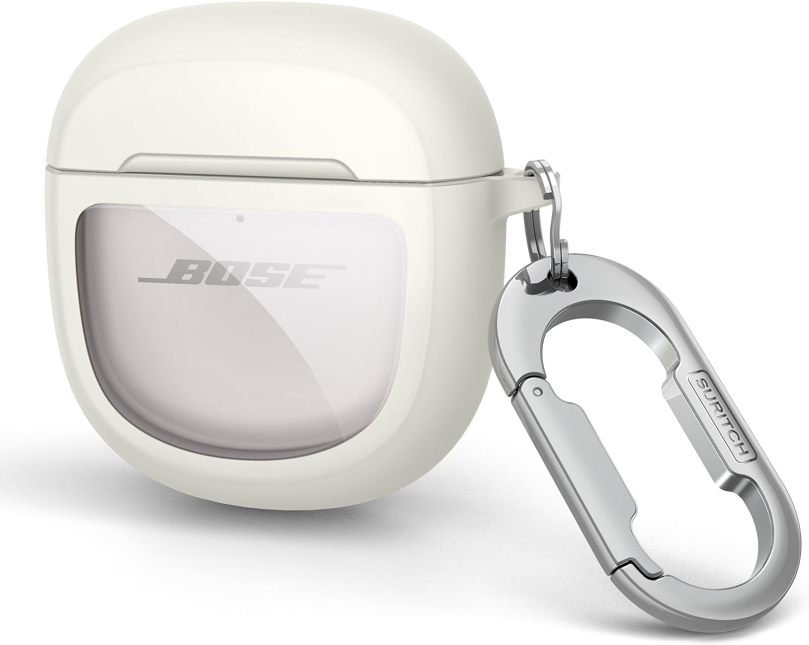SURITCH Clear Case for Bose QuietComfort Earbuds II 2022/QuietComfort Ultra 2023, Full-Body Shockproof TPU Protective Case with Carabiner & Key Ring & Transparent Logo Window (White)
