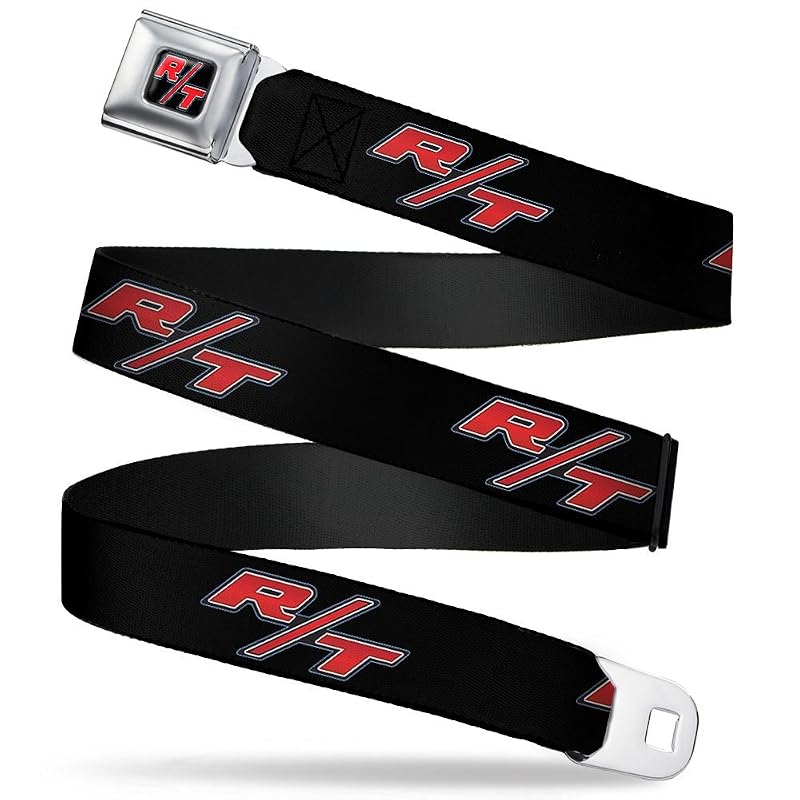 Cinto de moda com fivela estilo cinto de segurança Buckle-Down Dodge Challenger R/T, estampa repetida preta, azul, branca e vermelha, Adult XL 86,4–132,1 cm