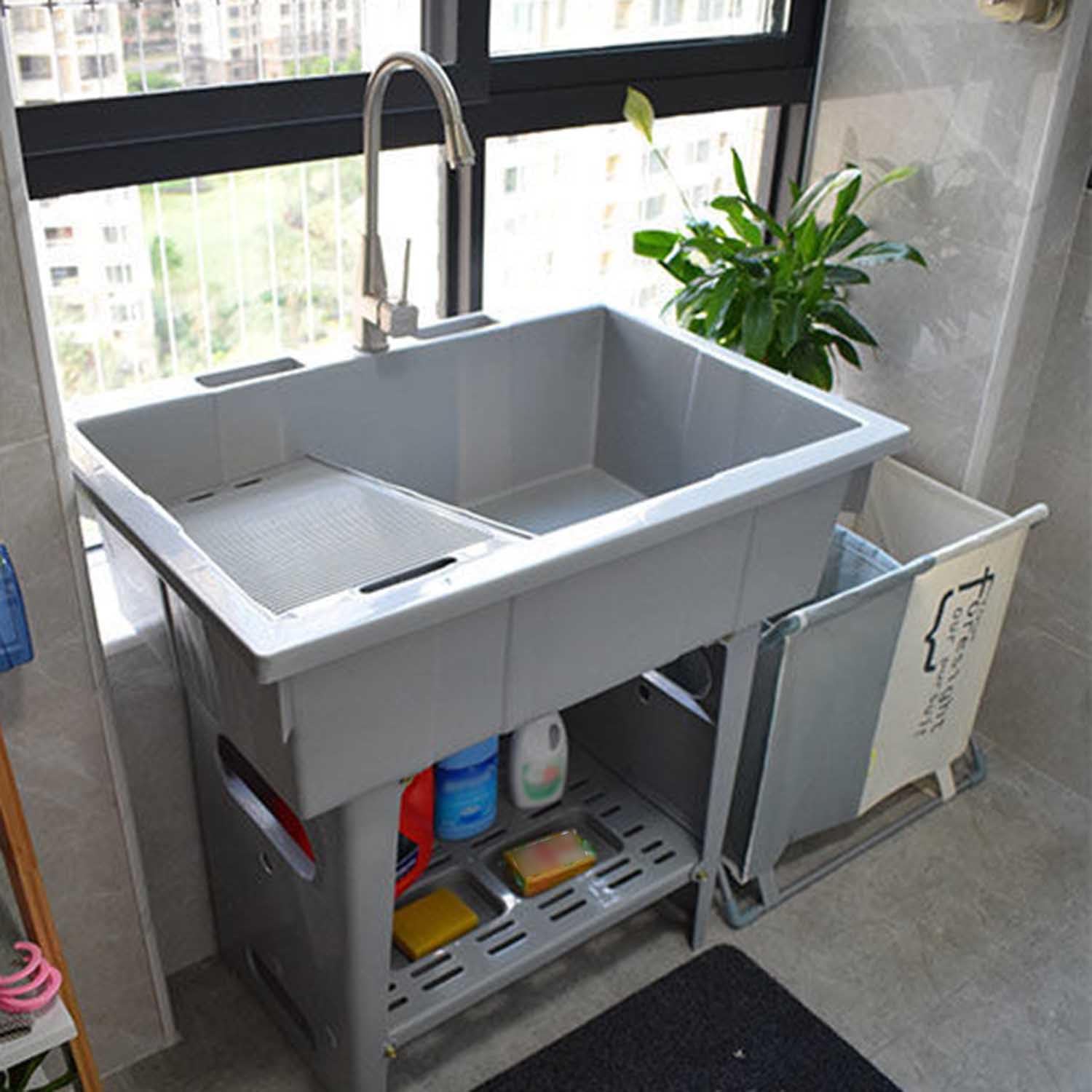 Évier à Linge Autoportant avec Robinet, Évier Utilitaire en Plastique avec Bac à Laver Et Égouttoir en Acier Inoxydable, pour Buanderie, Garage, sous-Sol, Jardin