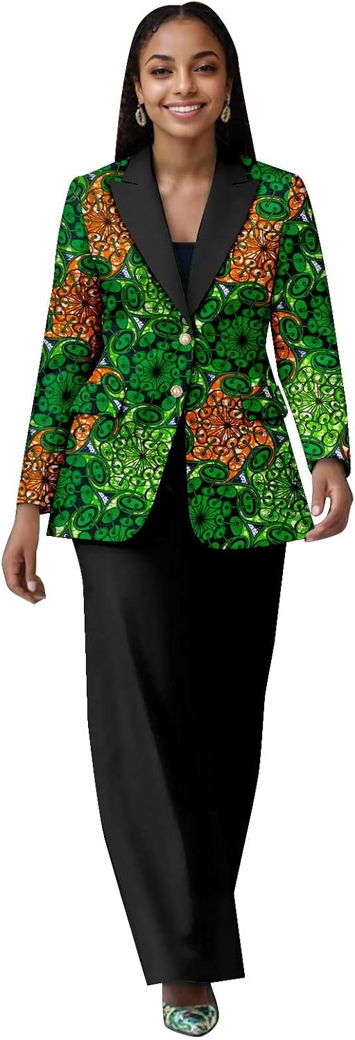 African Clothes for Women Two Button Blazer and High Waist Pants 2 Piece Set Print Suit for Lady