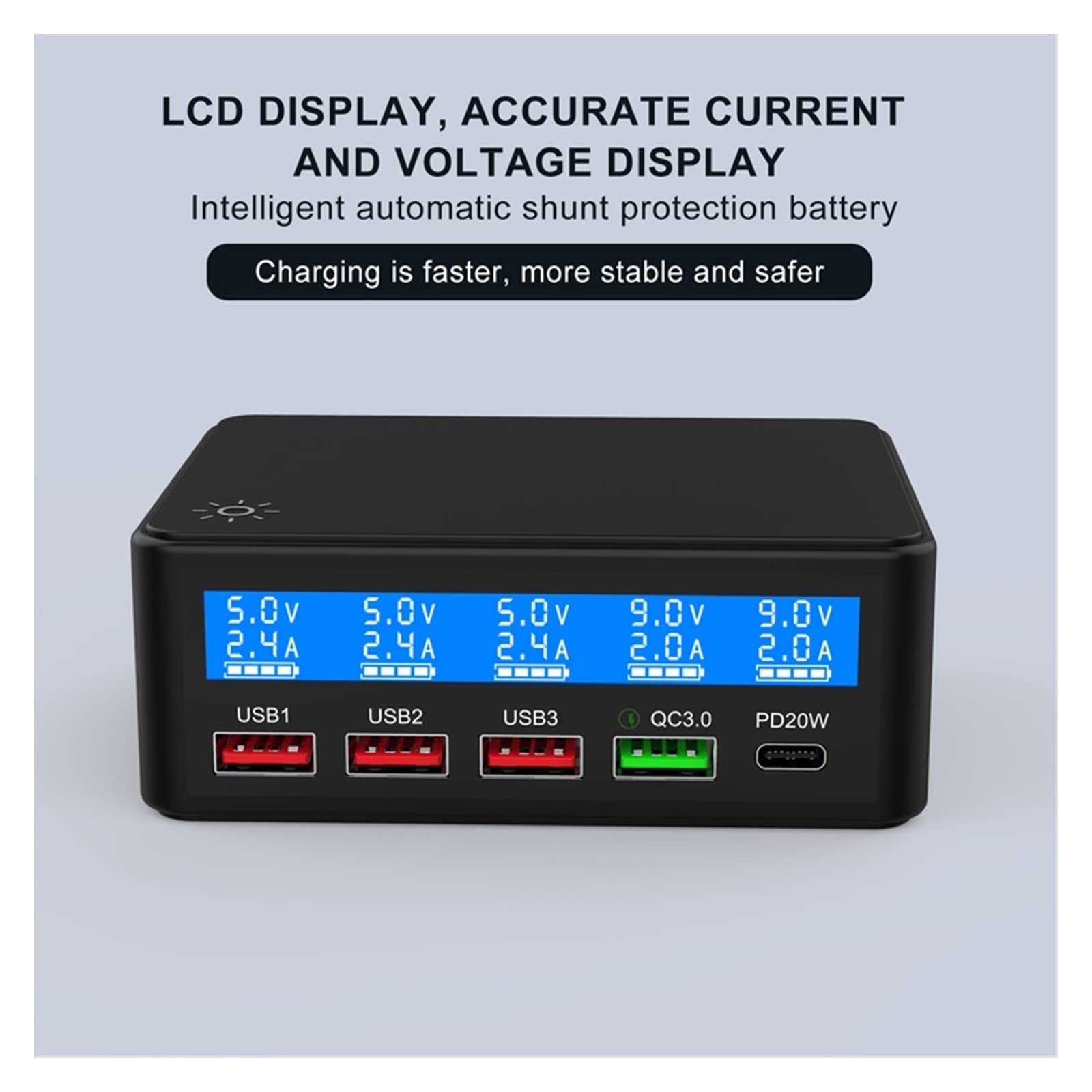 Stacja ładowania, 65W Multi 4 portowa stacja szybkiego ładowania USB, szybkie ładowanie QC3.0 PD 20W ładowarka ścienna Hub z wyświetlaczem LCD do tabletu z telefonem(Black With Cable)
