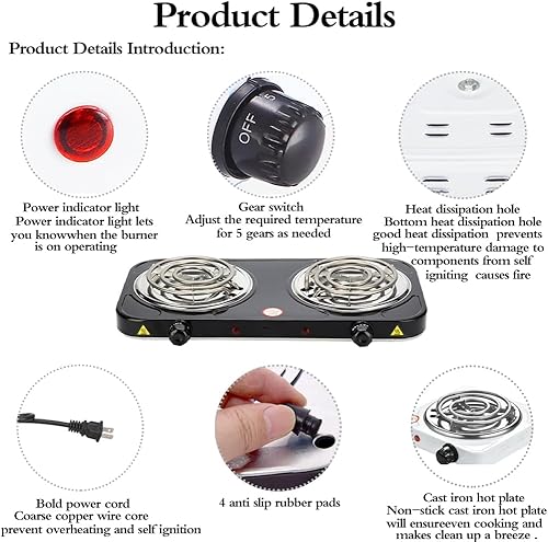 Miniatura 3 de Quemador de encimera compacto y portátil, quemador en espiral doble para encimera, 2000 vatios, controles de temperatura de placa caliente