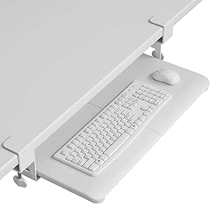 BONTEC Under Desk Keyboard Tray, Pull-Out Keyboard & Mouse Platform with C-Clamp, 25.6 x 11.8 in Space-Saving Ergonomic Slide-Out Drawer, White