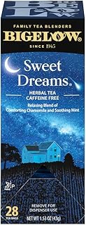 Bigelow Sweet Dreams Herbal Tea 28-Count Box (Pack of 1) Relaxing Blend of Chamomile & Mint Caffeine-Free Nighttime Herbal Tea in Individual Foil-Wrapped Bags