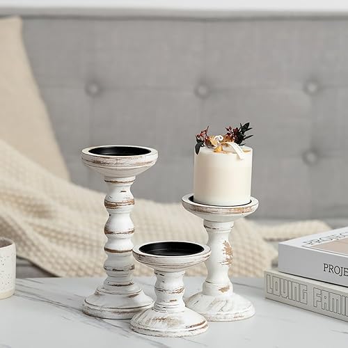 Miniatura 8 de Portavelas de madera Candeldo para velas de pilar: juego de portavelas rústico de 3 piezas, decoración de mesa alta, centro de mesa de madera Blanco