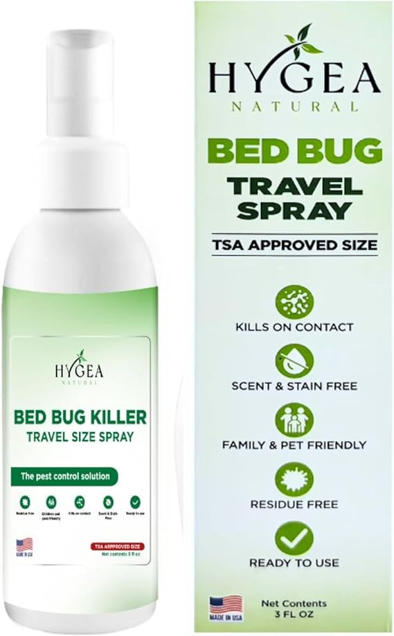 Hygea Natural Lice, Mite, and Bed Bug Natural Travel Spray - TSA Approved size – Child & Pet Friendly – Immediate results – Stain & Odor Free, For Hotels, Suitcase, Backpack, Shoes, Bed Bug Spray(3oz) Hygea Natural Lice, Mite, and Bed Bug Natural Travel Spray - TSA Approved size – Child & Pet Friendly – Immediate results – Stain & Odor Free, For Hotels, Suitcase, Backpack, Shoes, Bed Bug Spray(3oz)