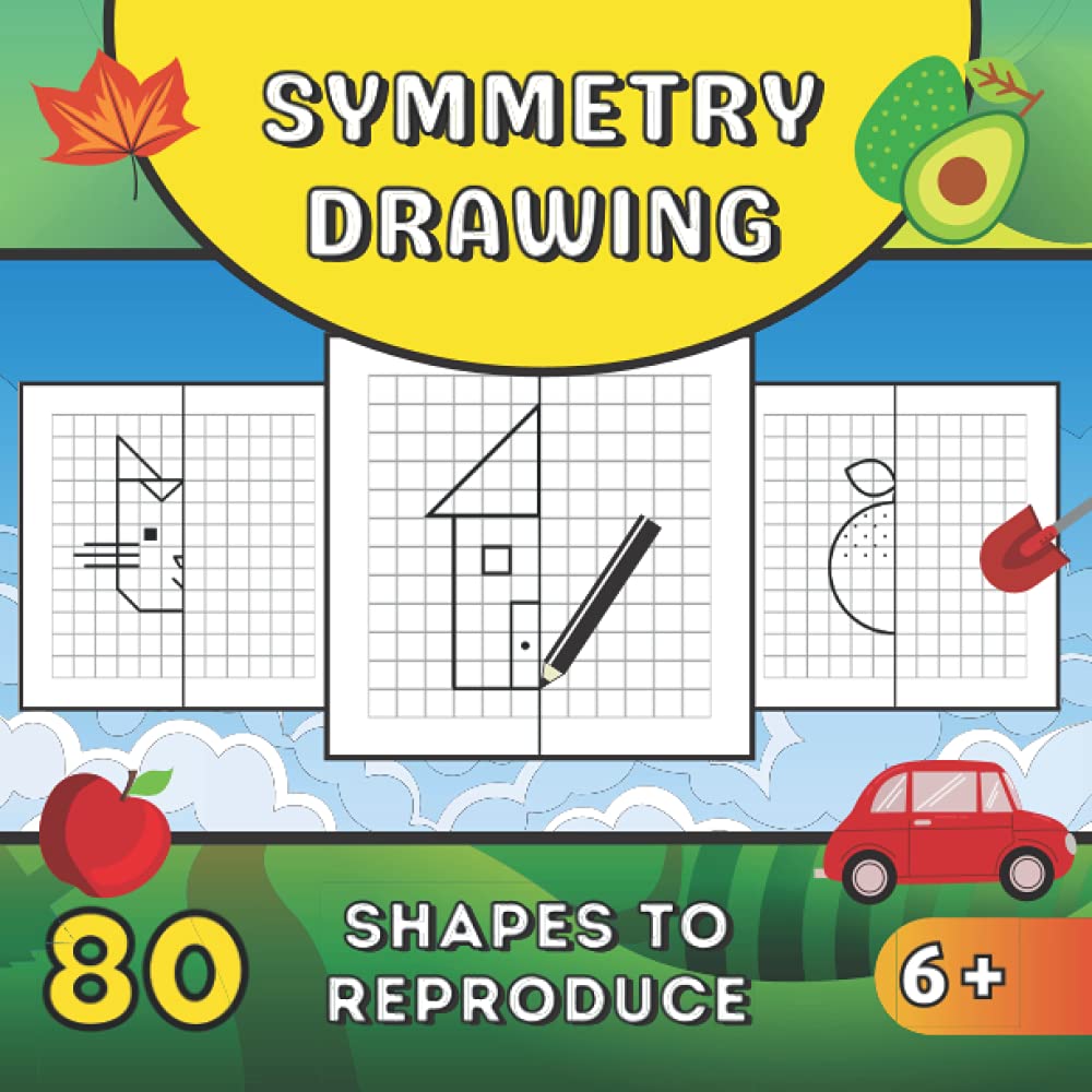 Symmetry Drawing: 80 geometric shapes simple objects animals to reproduce with grid - Coloring book learn how to draw for kids boy and girl from 6 years old primary school | GIFT