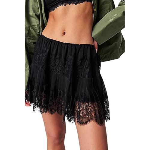 Women Y2k Lace Mini Skirt Low Rise Pleated Ruffle Half Slip Skirt Layered Flowy Short Skirt Streetwear