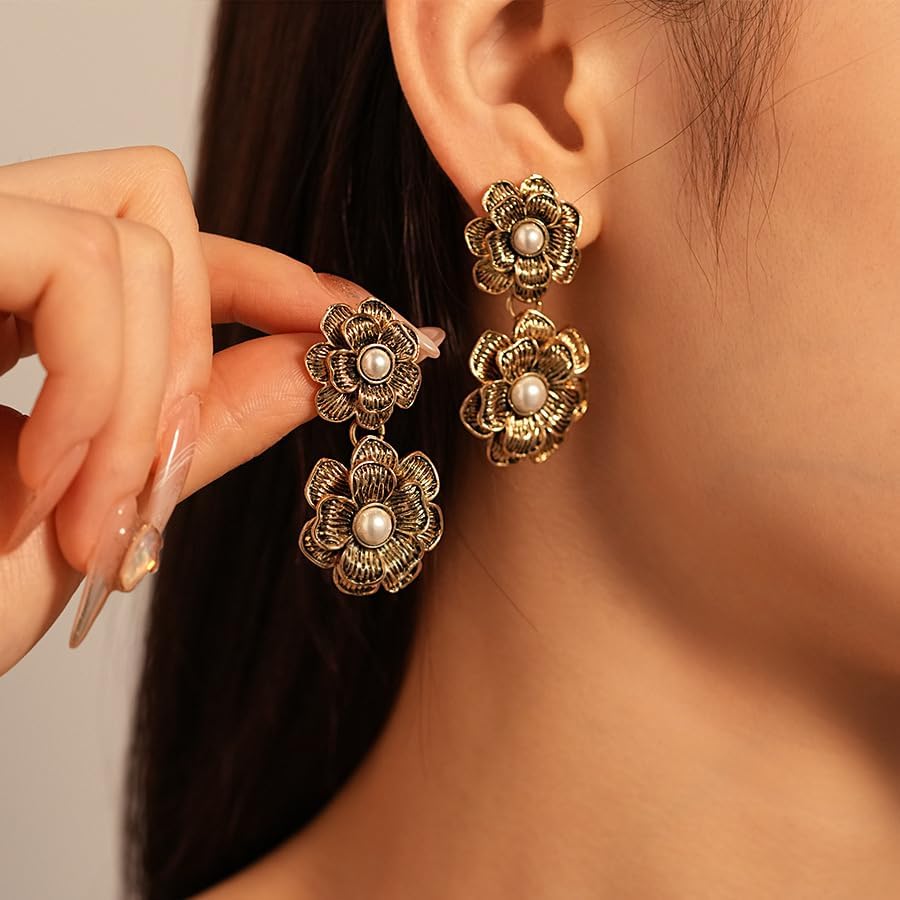 Faux Pearls Necklace Earrings Set, White Pearls Necklace for Women, Flower Earrings, Wedding Jewelry Sets for Women, Costume Jewelry for Brides - Image 5