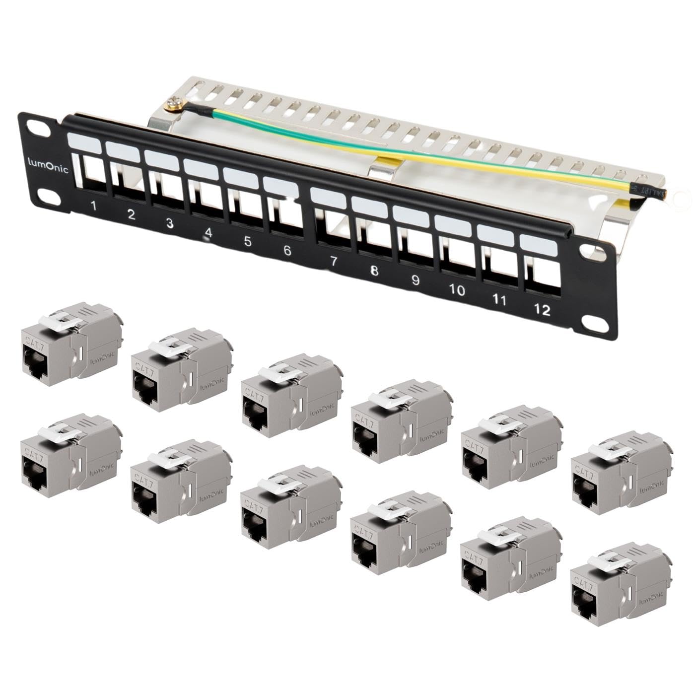 Lumonic 10" Panneau de brassage CAT7 Keystone-Set | 12 Port, 1U avec champ d'inscription | incl. 12x modules CAT7 sans outils, 10 Gbit/s | Montage en rack | panneau de brassage noir | Gestion des câbl