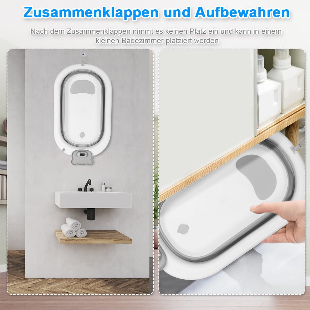 MUL-BOUTIQU - Bañera grande para bebé plegable con asiento de baño, termómetro y cojín – Bañera de bebé en pie – ideal para regalo de nacimiento niña o niño (oso gris)
