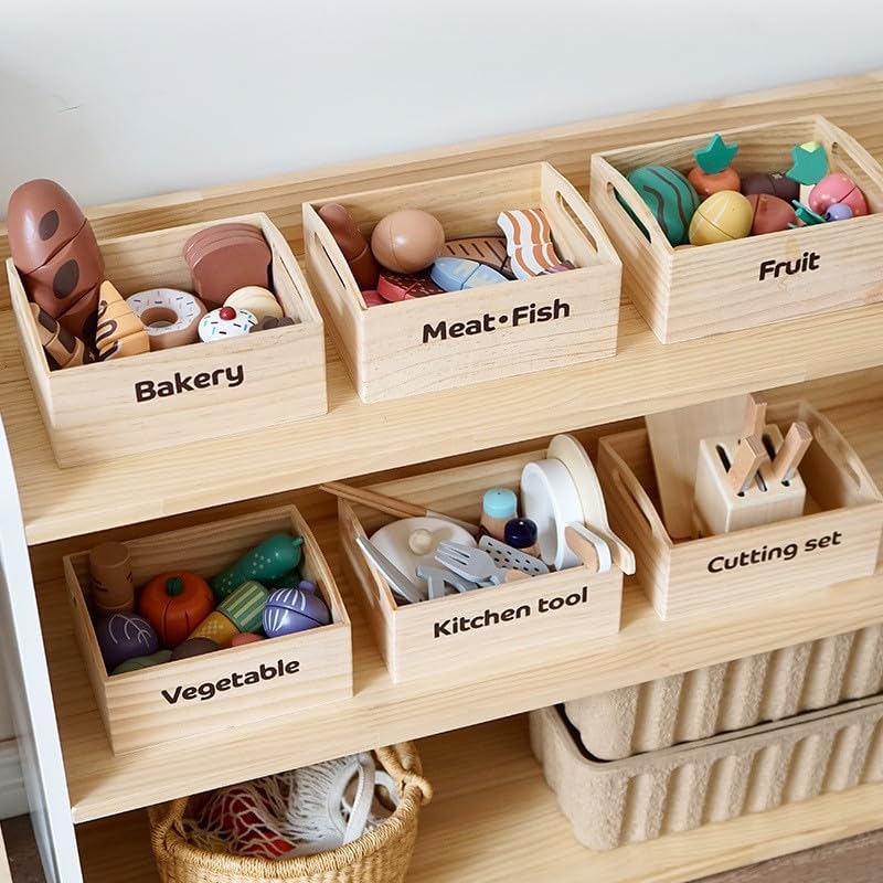Miniatura 5 de Juguetes de cocina, juguetes de madera y 6 cajas, comida falsa, herramienta de cocina, 100% madera, juegos de alimentos, cocina para niños, frutas,