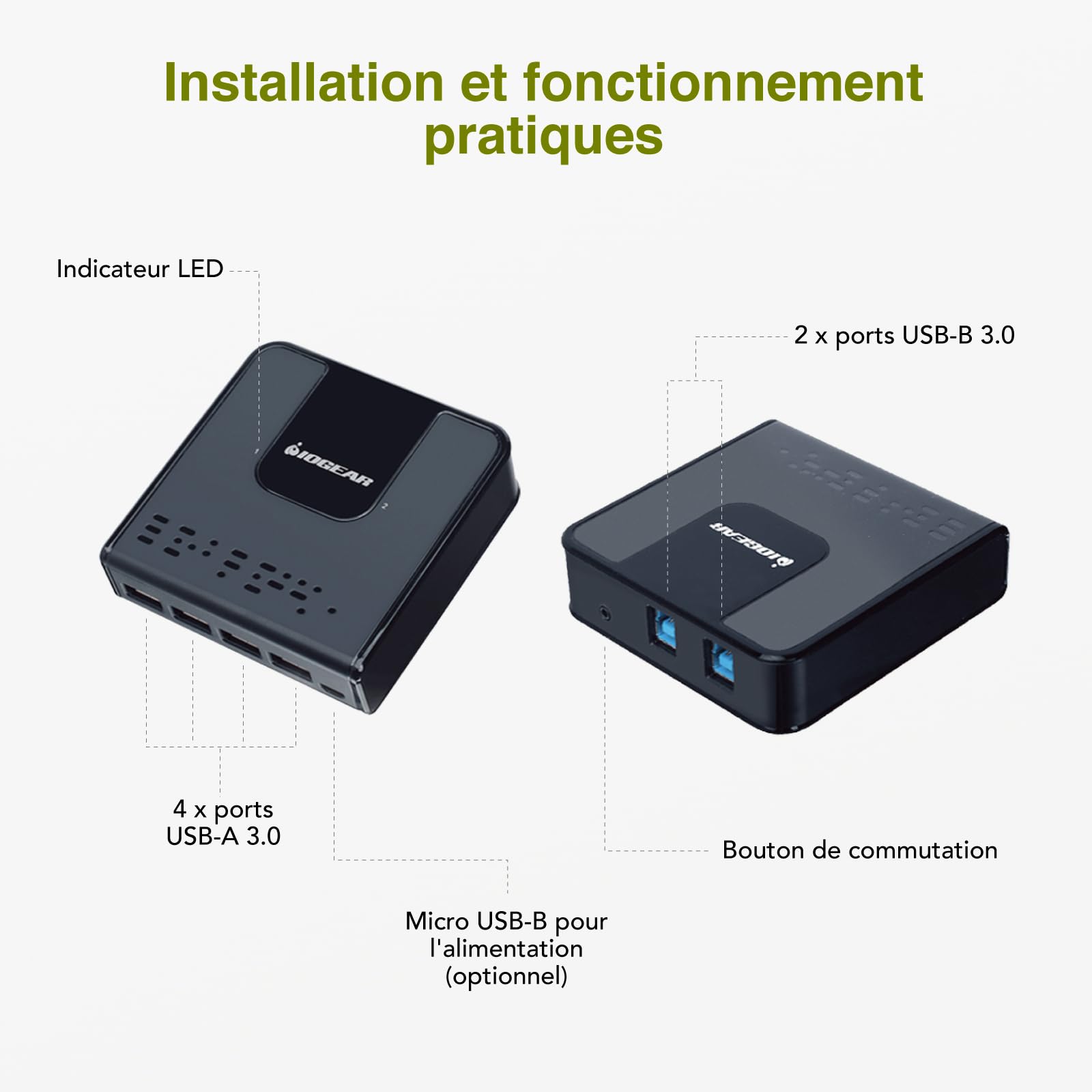 IOGEAR Switch USB 3.0 Commutateur KVM pour 2 PC 2 entrées 4 sorties avec Indicateurs LED 2 Câbles USB 3.0 B vers A et Télécommande Compatible avec PC Mac Imprimante Scanner Souris et Claviers