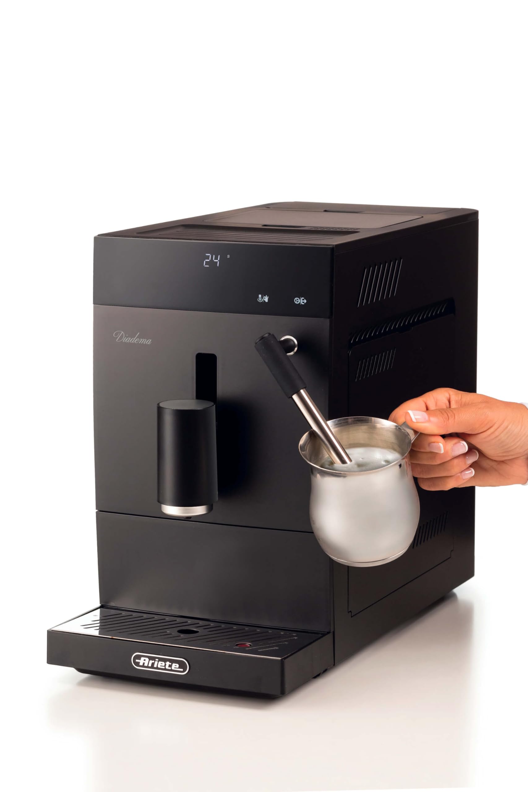 Ariete 1452 Diadema, cafetera automática, 1350W, 19 bar de presión, para café, americano y agua caliente, dispositivo capuchino, pantalla LED, dispensador ajustable, negro