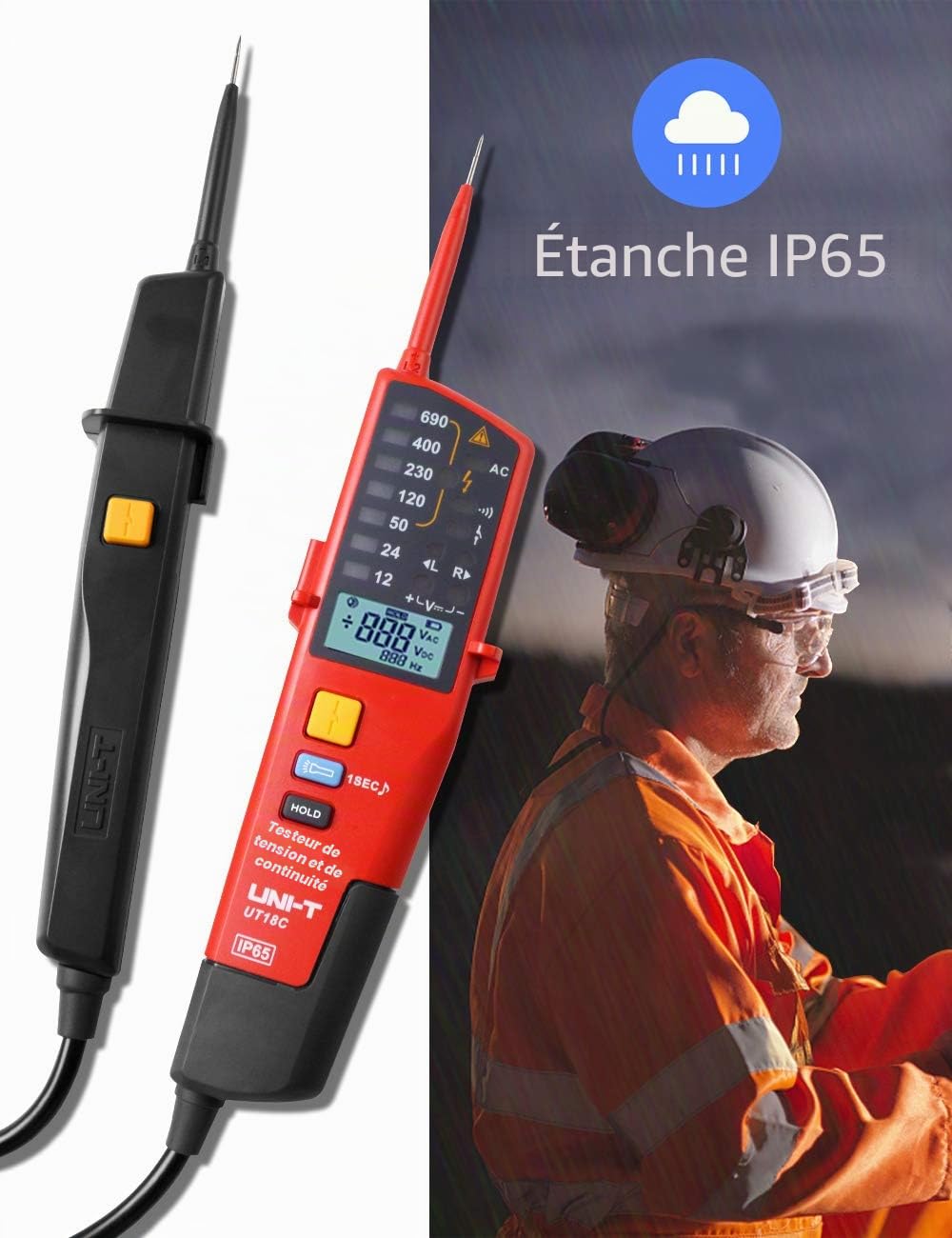 UT18C Testeur de Tension Multifonction Étanche 12 V~690V AC/DC LCD