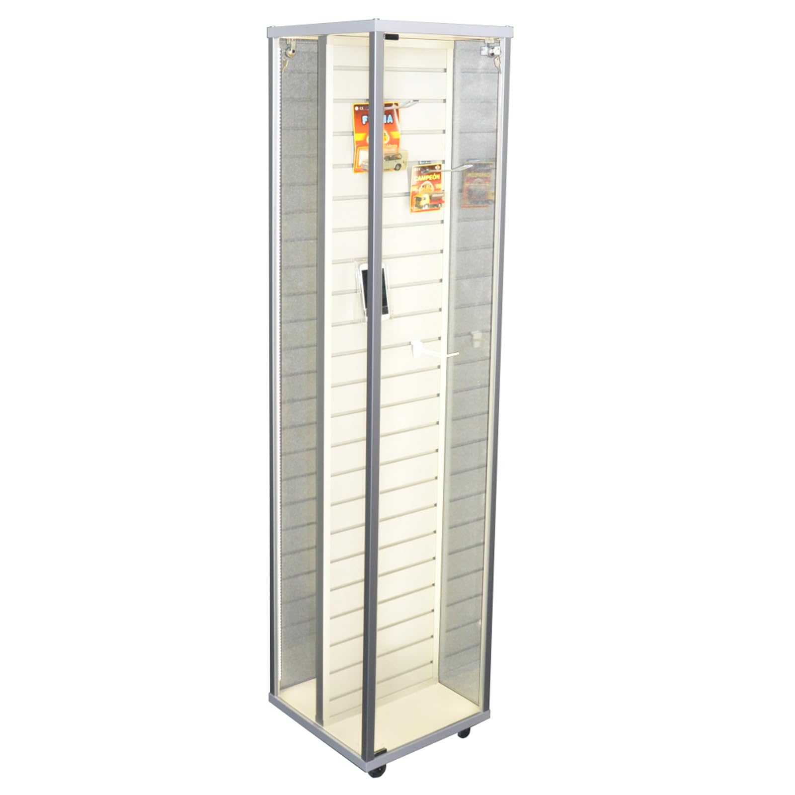 Displayvitrine & Ausstellungsvitrine 41,7 x 41,7 x 183 cm – abschließbare Glasvitrine mit Lamellenwand – Ideal für Handyzubehör, Fotozubehör, Schmuck & mehr – Ohne Beleuchtung