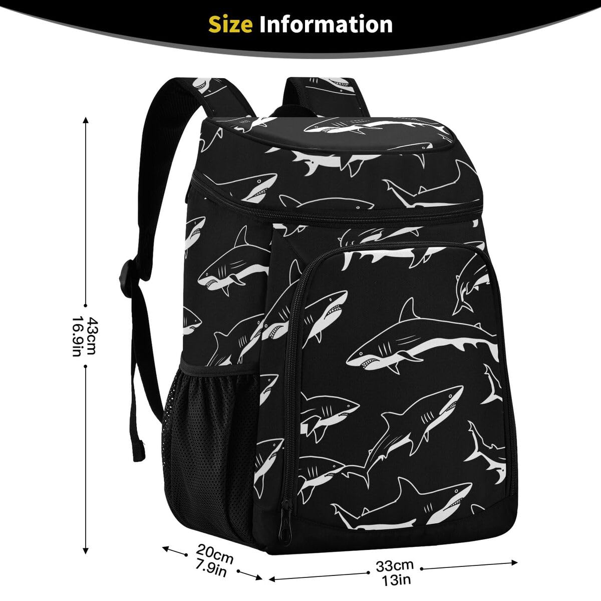 Black Sharks Cooler Backpack Leakproof Insulated Lunch Cooler Bag 30 Cans Camping Backpacks for Hiking Beach Camping