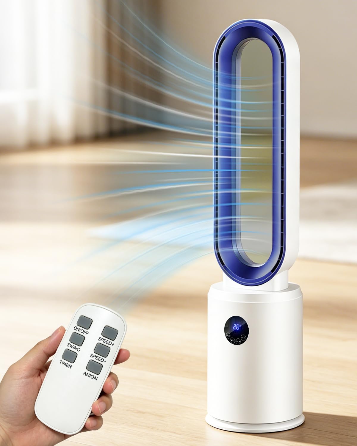 Ventilateur sans Pale - Ventilateur Colonne Silencieux 24 Vitesses avec Télécommande et Minuterie 12h, Moteur DC Écoénergétique, Écran LED Oscillation 60° Purification d'Air pour Chambre