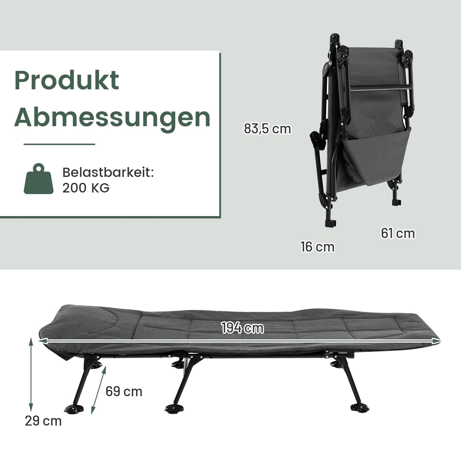 GOPLUS Karpfenliege, Angelliege bis 200kg belastbar, Campingliege Campingbett klappbar mit 6-Fach Verstellbarer rückenlehne & großen Schlammfüßen, Feldbett Klappbett für Angeln Camping