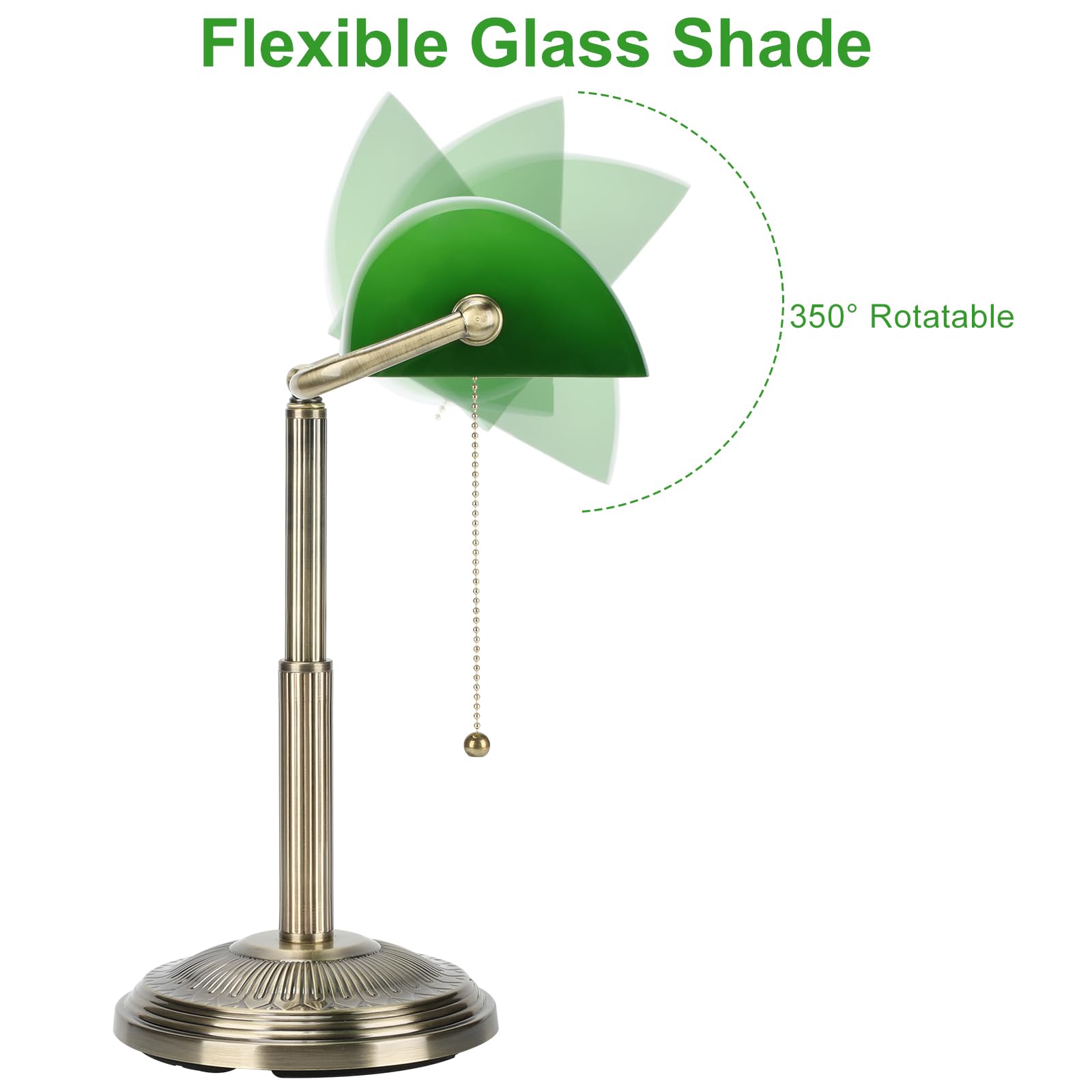 LINNMON Bankers Schreibtischlampe, grüne Retro-Lampe, Vintage-Lampe mit Zugkettenschalter für Home Office (Messing + Grün)