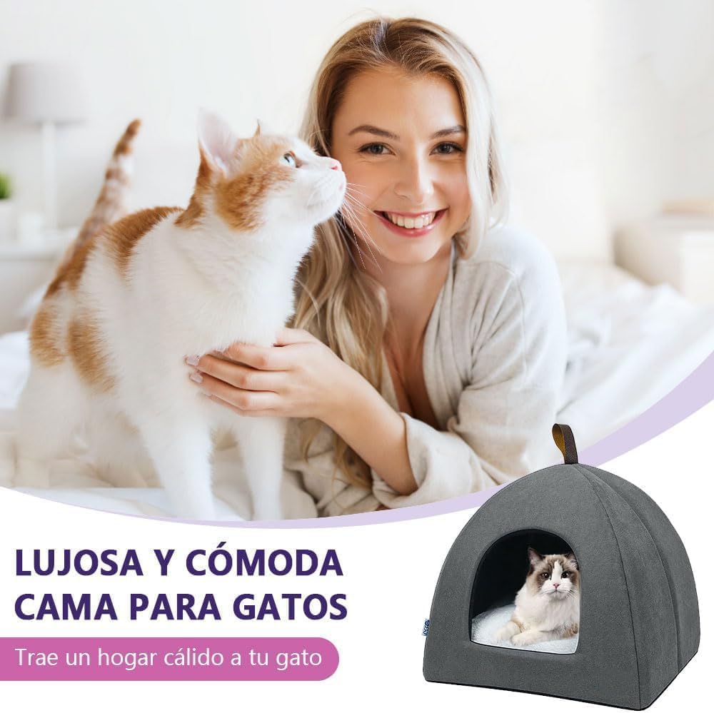 Voarge Cueva Suave y Cálida para Gato, Cama de Felpa con Cojín Interior Extraíble y Lavable, Gris, Medium