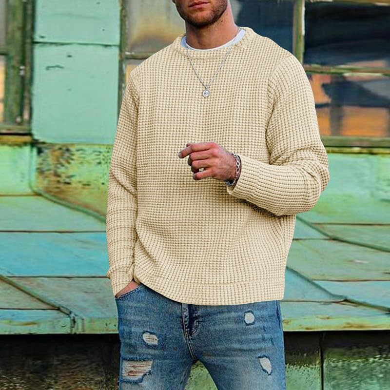 Waffle Knit Sweater - Fashionable Men's Long Sleeve Crew Neck Pullover2