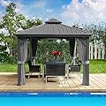 Kozyard Caesar 10'x10' Hardtop Gazebo - Permanent Metal Pavilion with Netting and Shaded Curtains for Patio, Backyard, and Deck - Galvanized Steel Outdoor Aluminum Canopy, Double Roof Gazebo (Grey)