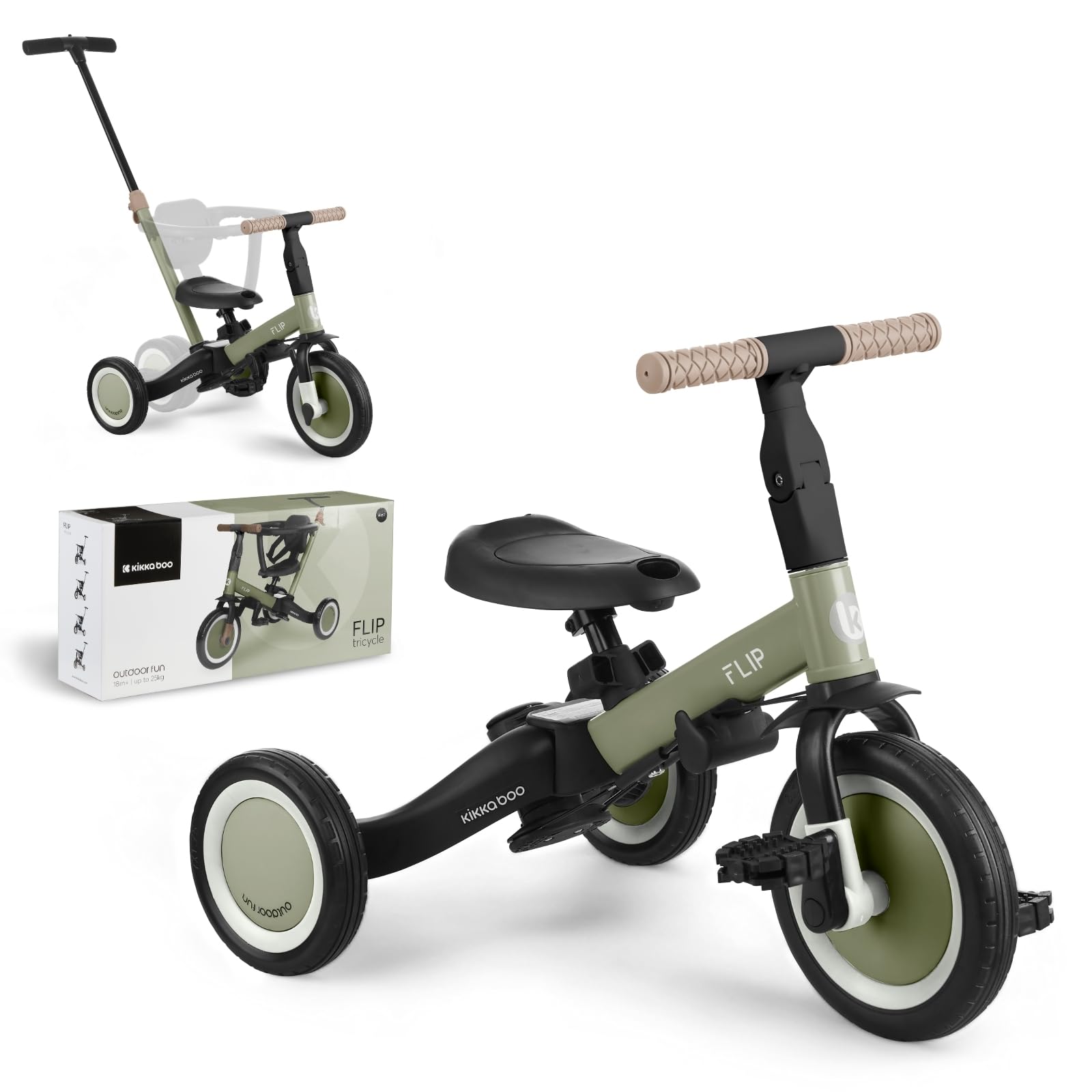 KikkaBoo Triciclo Evolutivo de Bebé 5 en 1 Flip, Bicicleta Niños Desde 1 Año hasta 5 años, Trike, De Triciclo a Bicicleta con o sin Pedales, Ajustable y Transformable, Verde Militar