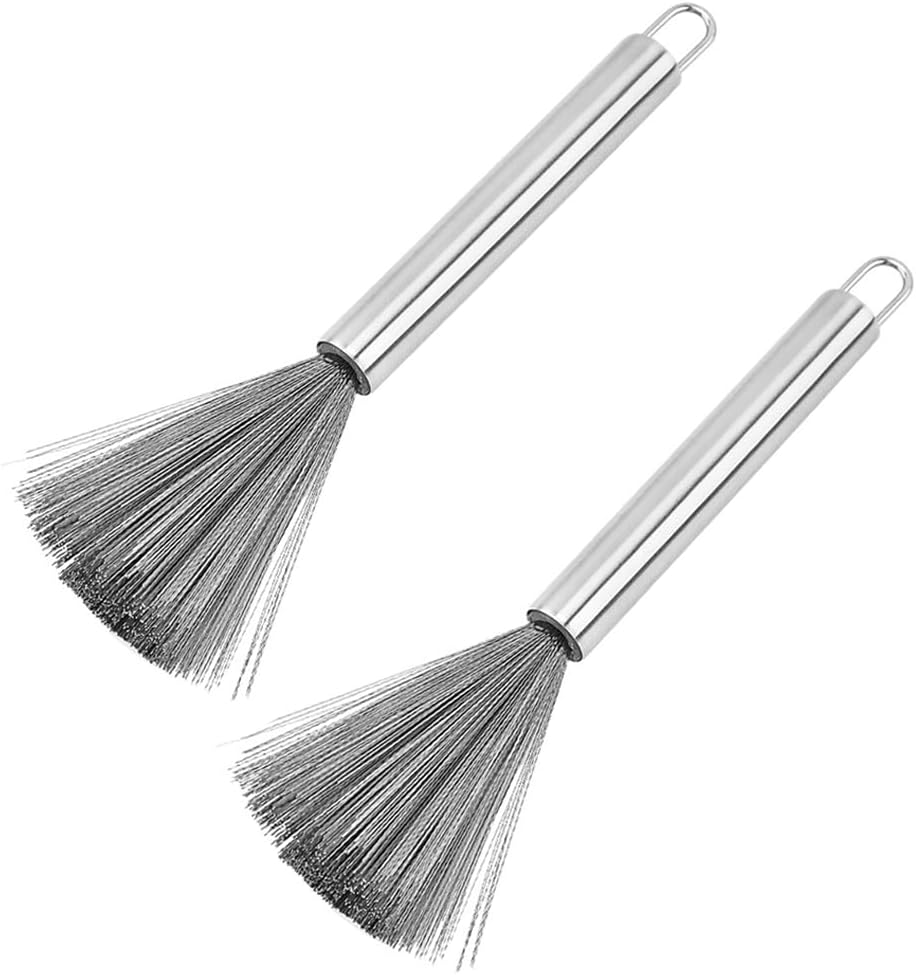 2 Pack Cookware Scrubber Brush, Stainless Steel Pots Pans Cleaning Brush with a Long Handle Dishwashing Scrubber for Ovens Grills