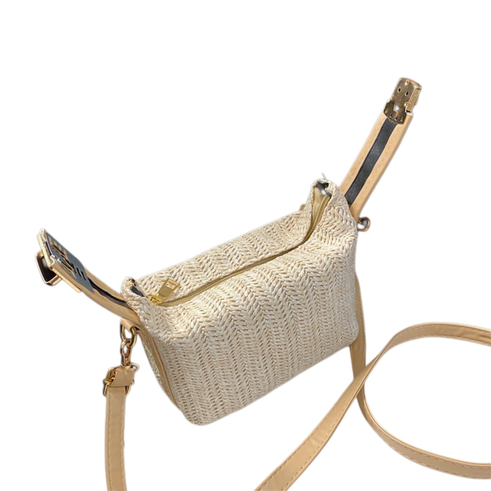 Beauty Case Borsa A Spalla di Paglia Moda, Piccolo Secchio Tessuto Crossbody Tote con Design Estivo Casual-khaki-20x11x12cm