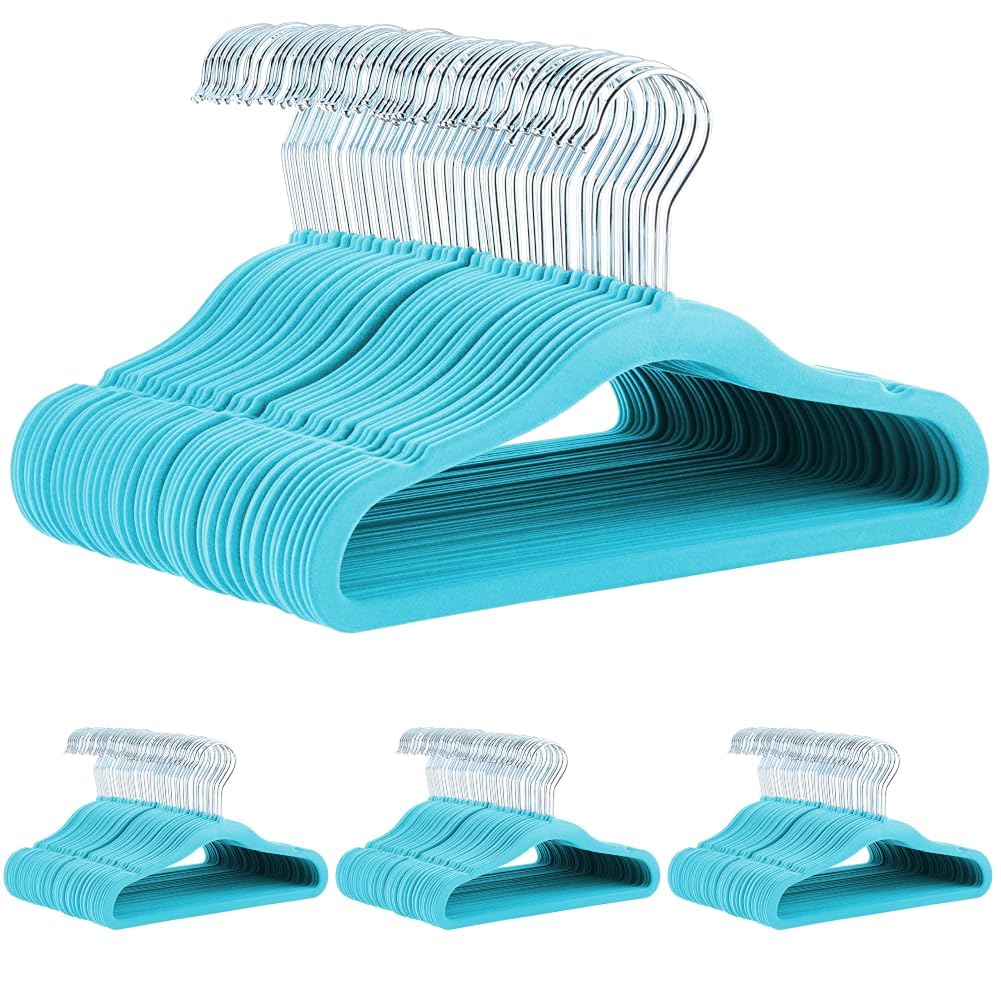 Amazon Basics Kids Space Saving Velvet Non-Slip Clothes Hangers with Shoulder Notches for Infant and Toddler, 11.6", Blue, 200-Pack