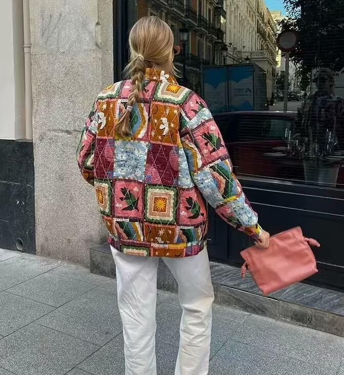 Women Quilted Vintage Jackets Puffer Aesthetics Coats Coquette Colorblock Cardigan Stand Collar Colorful Outerwear2