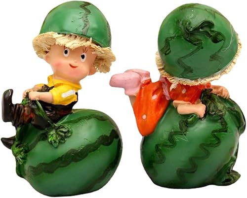 Estatua de resina de dibujos animados de 2 piezas, figuras únicas de muñeca de sandía para decoración del hogar, ornamento de escritorio, festival