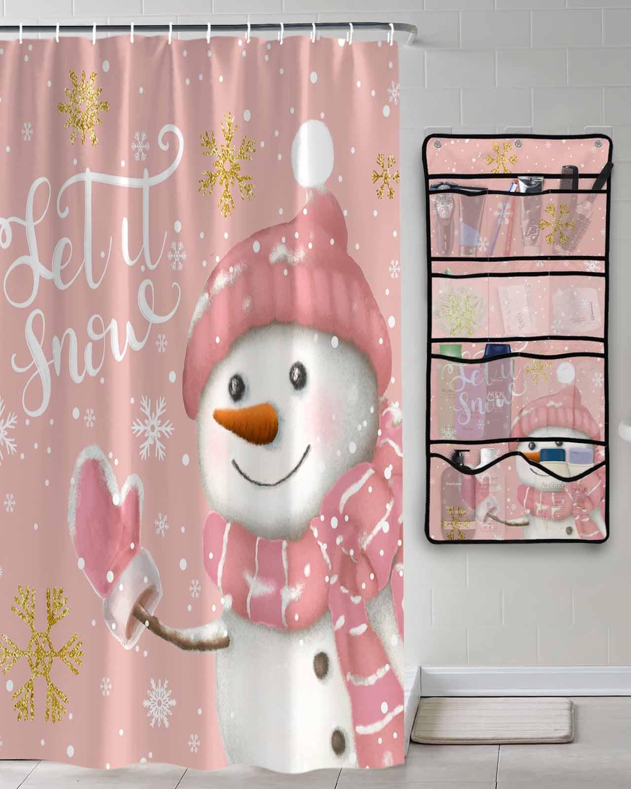 Shower Curtain Mesh Shower Organizer Hanging Set Christmas Snowman Winter Showflake Pink Waterproof Shower Curtains with 10 Pockets
