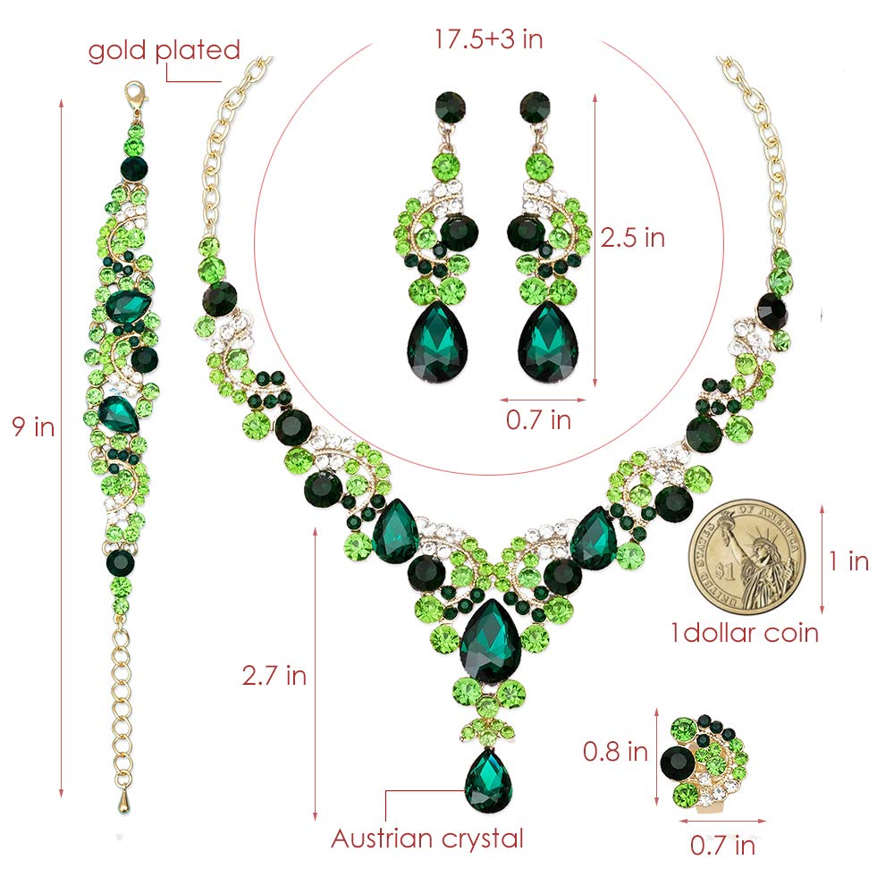 CSY - Set di 4 eleganti collane, orecchini, bracciali, anelli, gioielli in cristallo austriaco, accessori per costume da donna