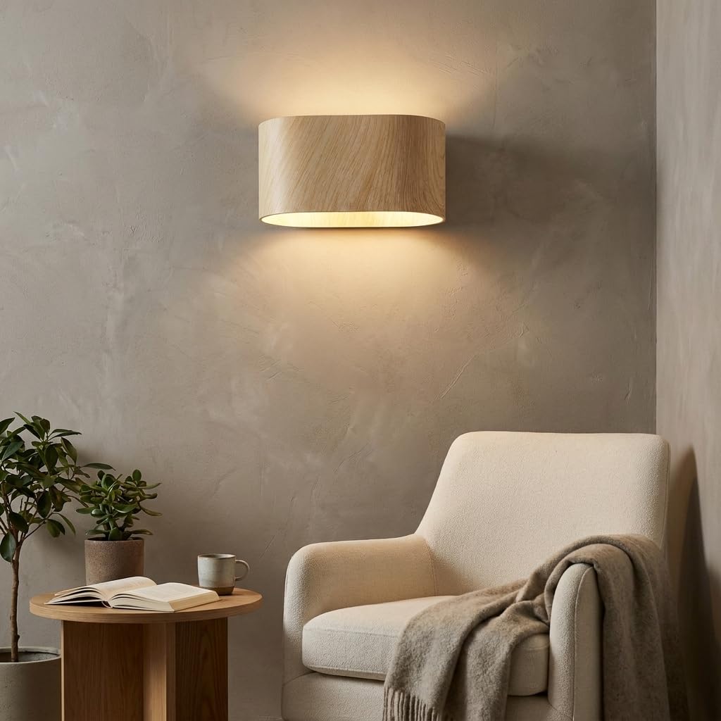 Alpinaluz Applique Murale Up & Down avec Douille G9, Design Courbé en Métal, Éclairage Décoratif Intérieur pour Couloir, Salon et Chambre, IP20 (Effet bois)