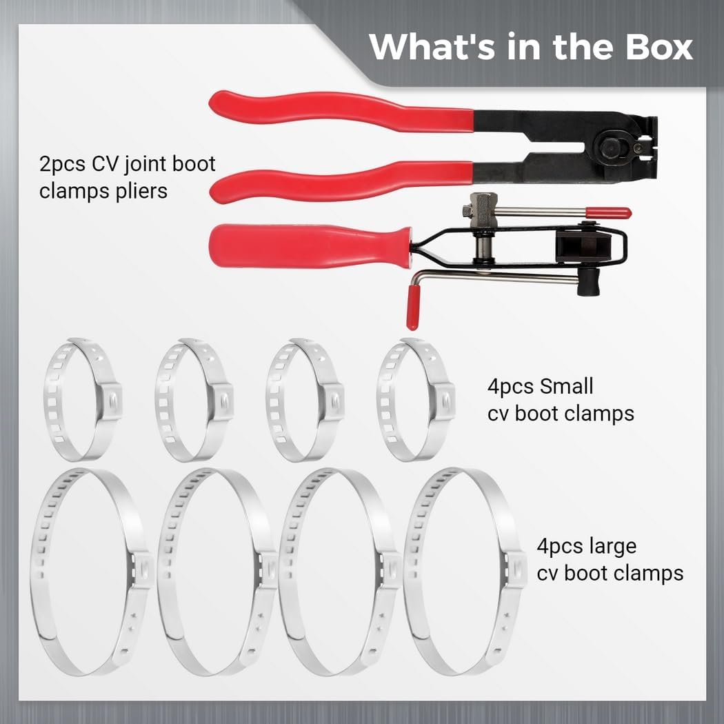 10Pcs Cv Joint Boot Clamp Tool Kit, Contains 2Pcs Boot Tie Pliers & 8Pcs Clamps, Effective Car Band Tools for ATV, Utv, and Vehicle