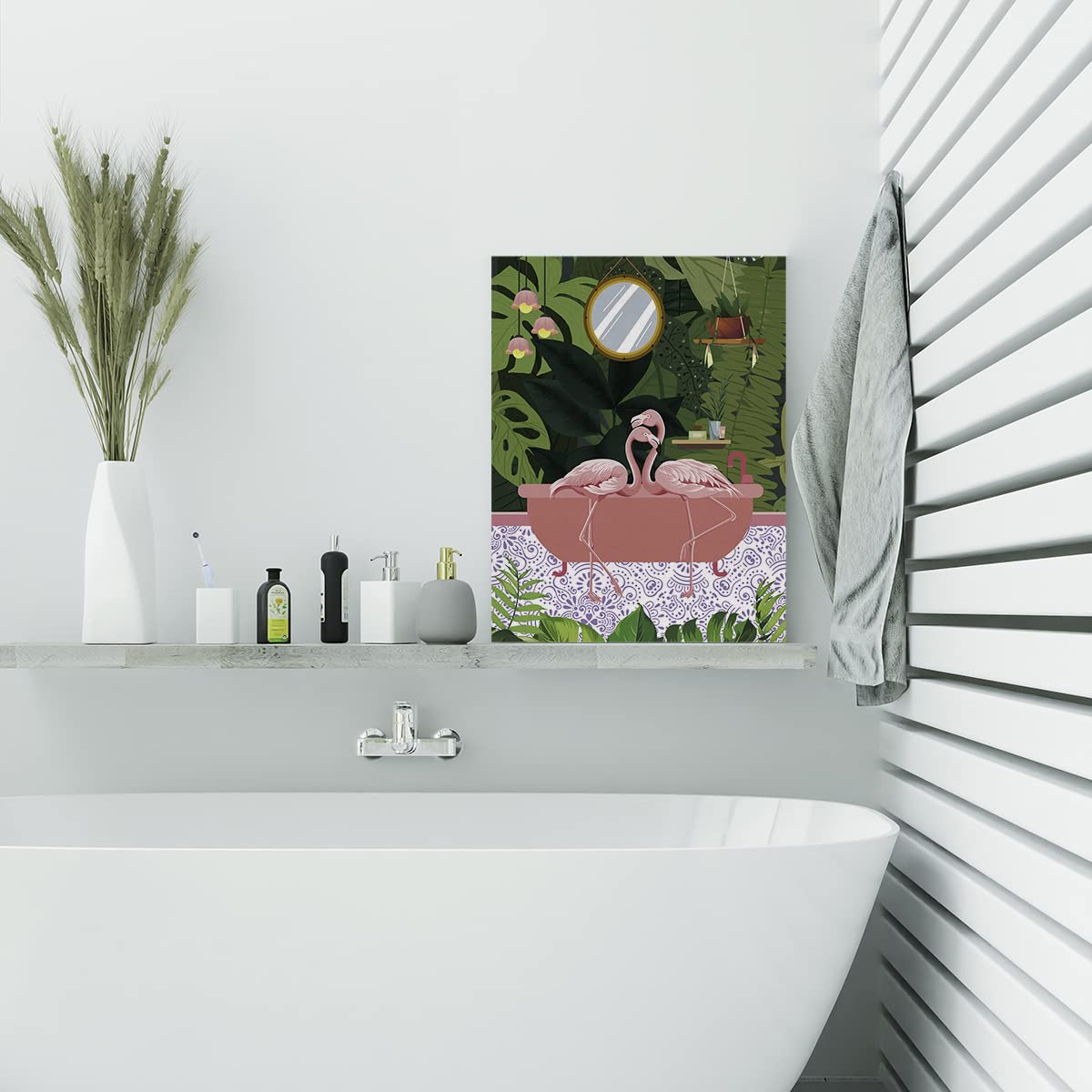 Poster su tela da bagno botanico da parete per bagno e bagno, con fenicotteri rosa, stampa