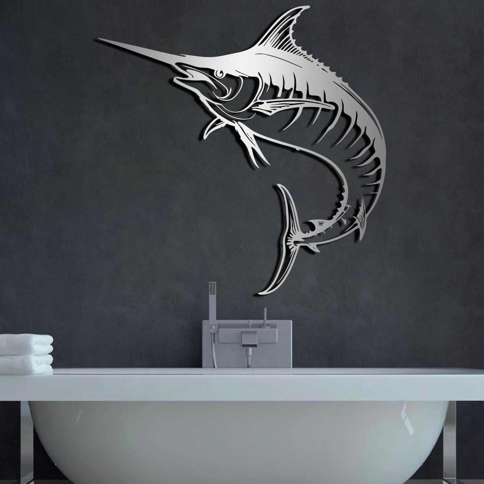 Décoration murale en métal marlin espadon, sculpture design argent 48x48 cm