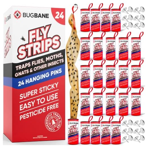 Fly Strips Indoor Sticky Hanging 24pk with Pins. Non Toxic Outdoor Fly Trap Indoor for Home. Flies Tape Paper Trap Ribbon Roll for House Gnat Fruit and Housefly. Bug Catchers for Inside Home Flypaper